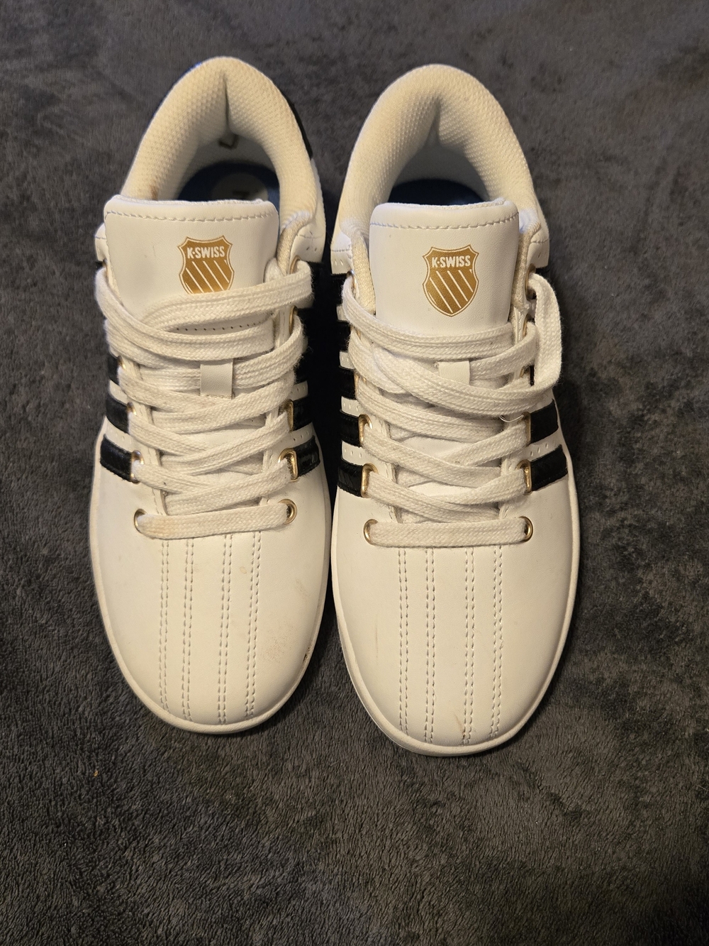 K-Swiss White Sneakers with Black Stripes and Gold Logo